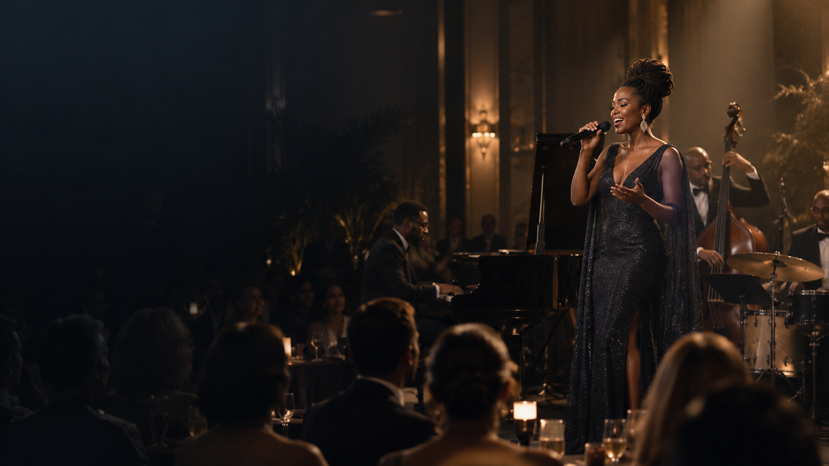 A vocalist performing for a candlelit audience